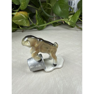 Miniature Ceramic Goat Kid Figurine Butting / Pushing Bucket Hagen-Renaker Style